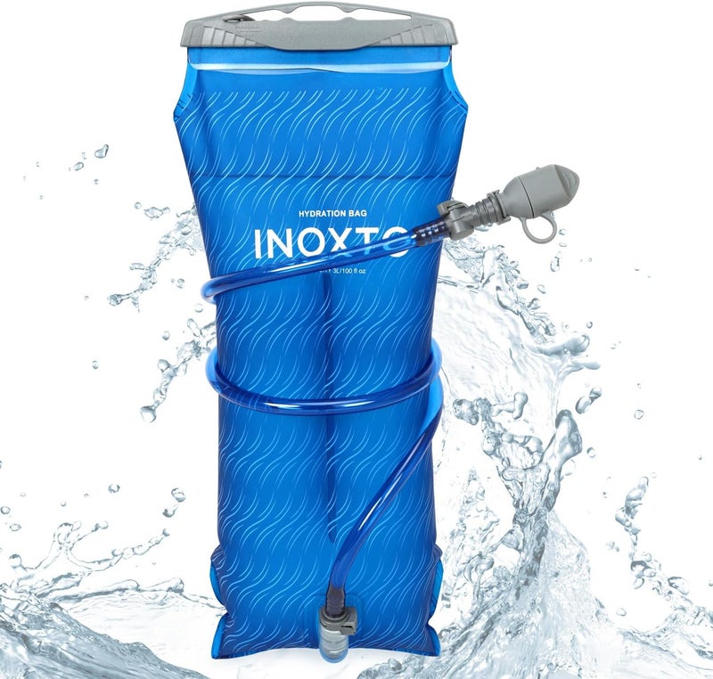 INOXTO حقيبة ماء بسعة 1.5L/2L/3L، حقيبة ماء مع عازل خرطوم خزان الماء وصمام عضّ عالي التدفق لحقيبة الظهر للتنزه، خزان ماء مقاوم للتسرب بسعة 1.5/2L/3L للتخييم وركوب الدراجات والجري - Image 1